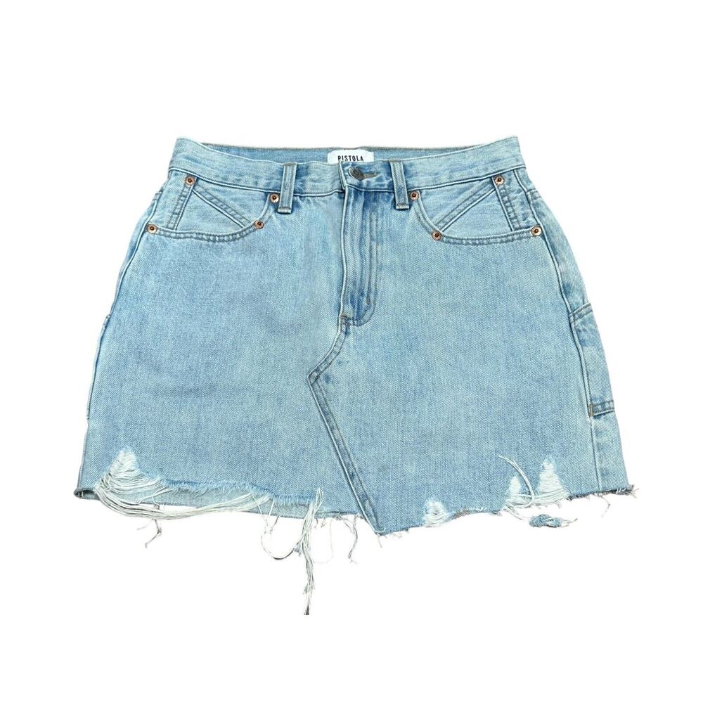 NWOT PISTOLA Micro Mini Skirt Womens Size 26 Denim Patch Pockets Raw Hem